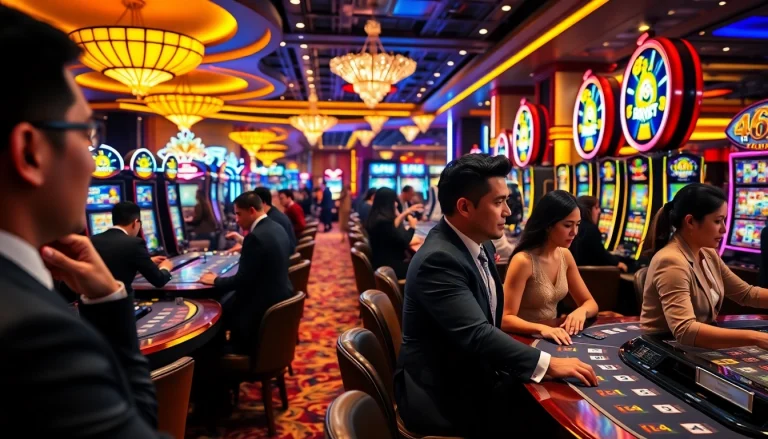 Experience the lively atmosphere of the tab66 casino with players enjoying table games and slot machines.