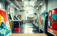 Print shop showcasing school poster printers with vibrant designs.