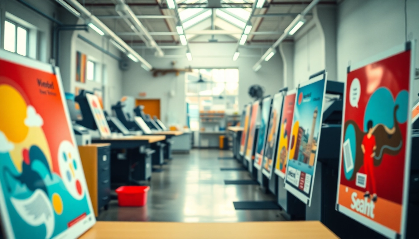 Print shop showcasing school poster printers with vibrant designs.