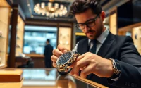 Sell luxury watch with a luxury timepiece displayed in an upscale jewelry store.