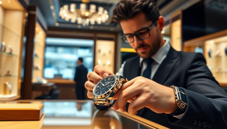 Sell luxury watch with a luxury timepiece displayed in an upscale jewelry store.