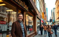 Engage with a locally owned business as friendly owner welcomes customers at storefront.