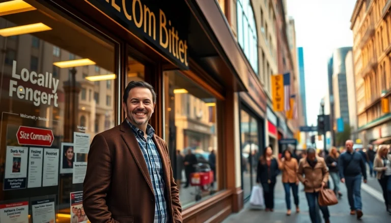 Engage with a locally owned business as friendly owner welcomes customers at storefront.