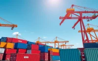 Illustration of trade agreements with shipping containers representing global commerce in a busy trade port.