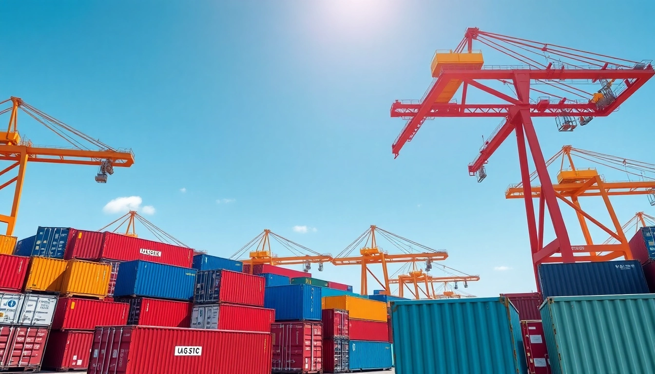 Illustration of trade agreements with shipping containers representing global commerce in a busy trade port.