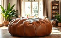 Enhance your living space with Moroccan Leather Poufs and Ottomans featuring intricate stitching.