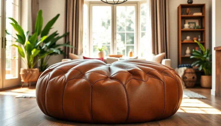 Enhance your living space with Moroccan Leather Poufs and Ottomans featuring intricate stitching.