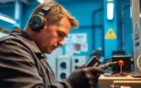 Conducting Portable Appliance Testing by a technician with safety tools in a professional environment.