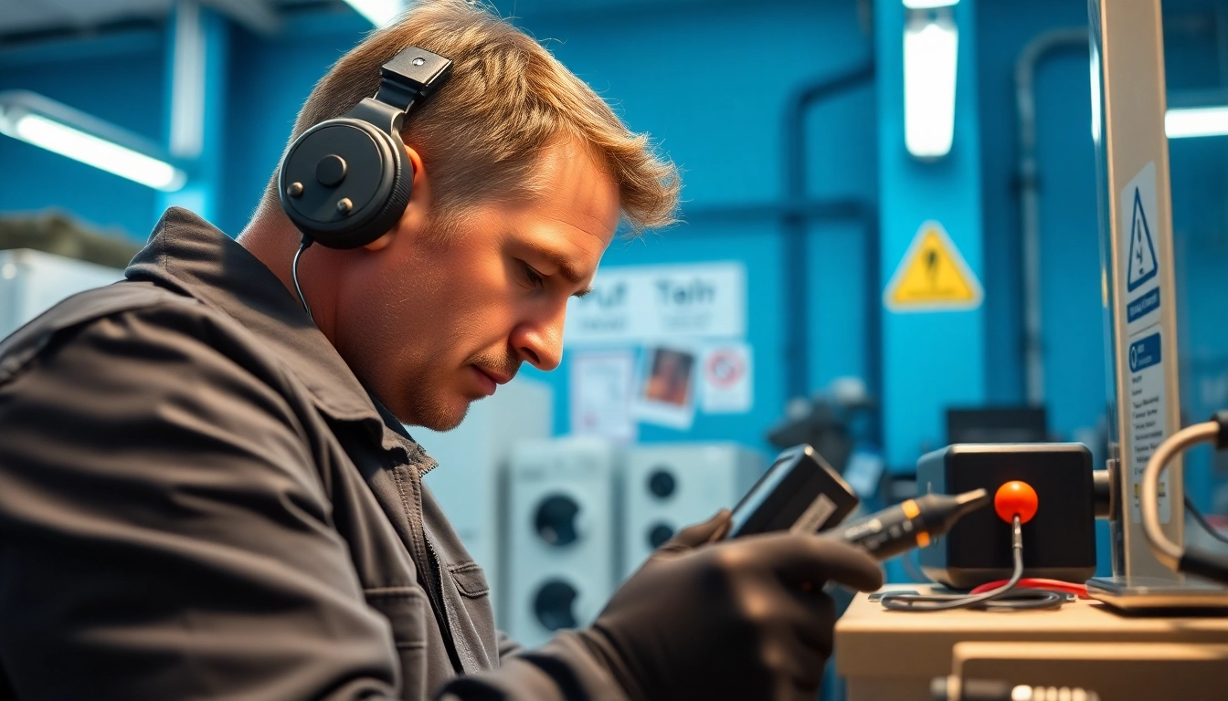 Conducting Portable Appliance Testing by a technician with safety tools in a professional environment.