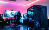 Showcasing a high-performance gaming computer setup with RGB lighting and an ultra-wide monitor.