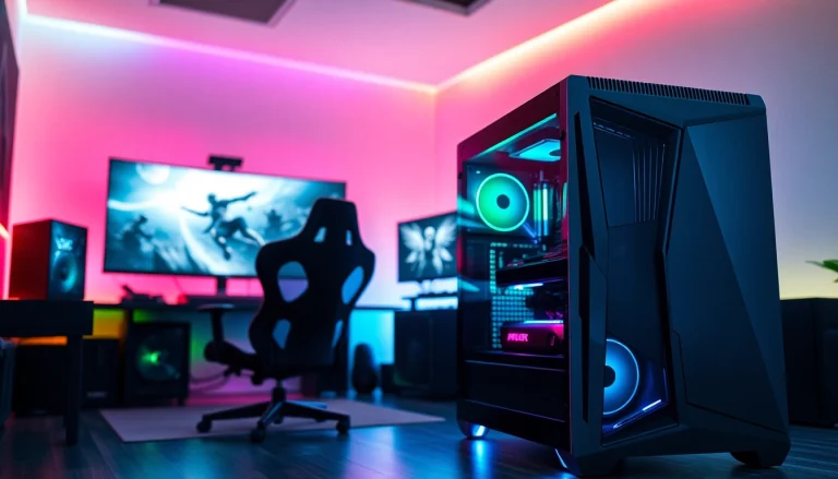 Showcasing a high-performance gaming computer setup with RGB lighting and an ultra-wide monitor.