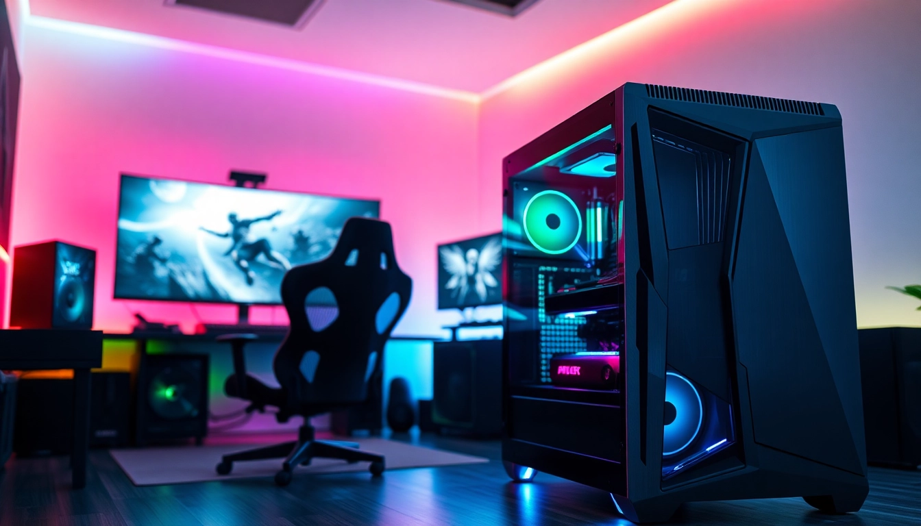 Showcasing a high-performance gaming computer setup with RGB lighting and an ultra-wide monitor.