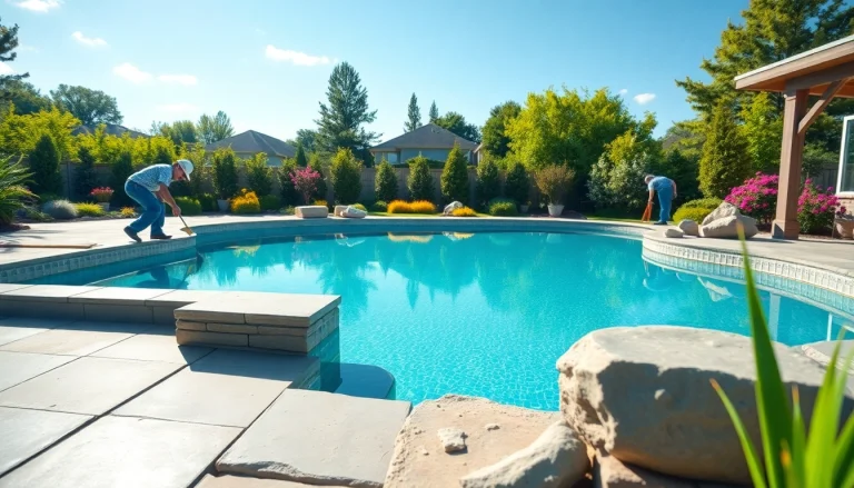 Pool construction process highlighting workers installing an inground swimming pool in a sunny backyard.