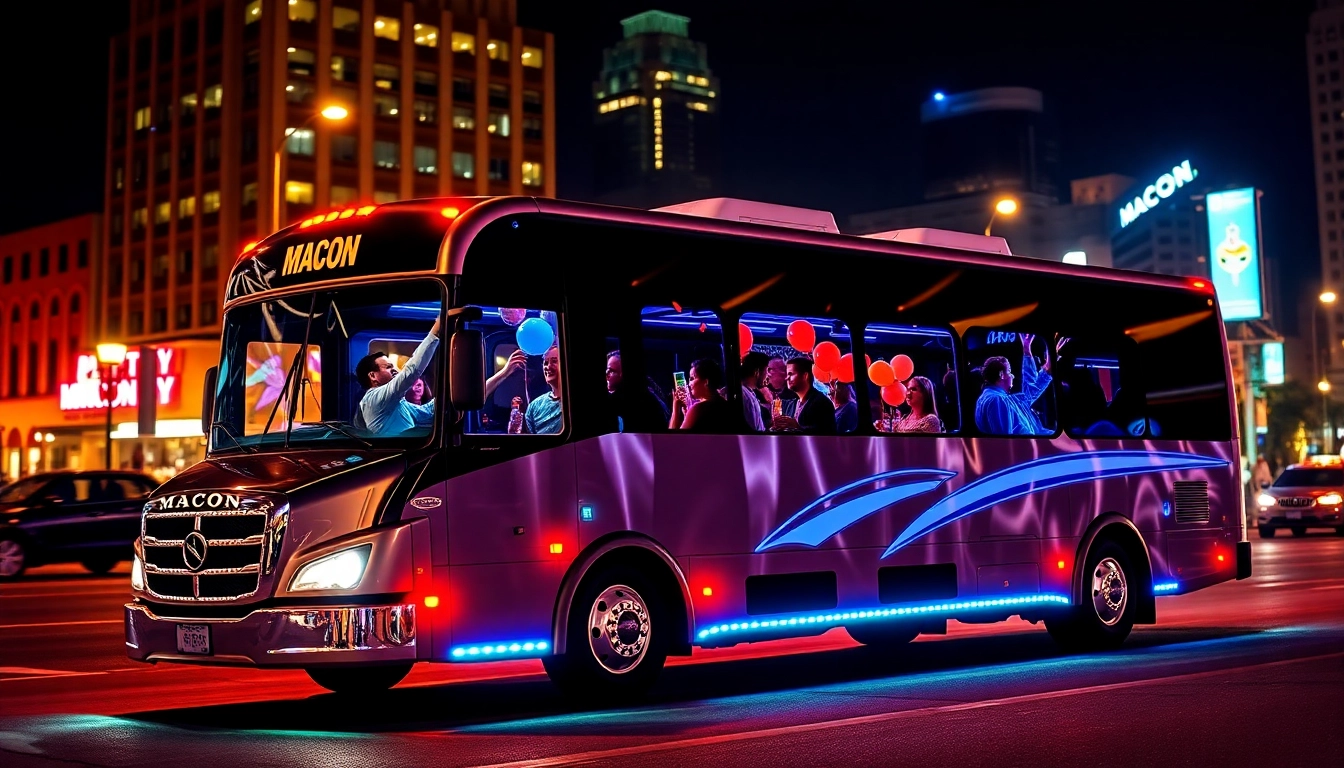 Group of friends enjoying a ride in a macon party bus illuminated with festive lights.