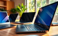 Comparar laptops Lenovo con diseños elegantes en un espacio moderno de trabajo.
