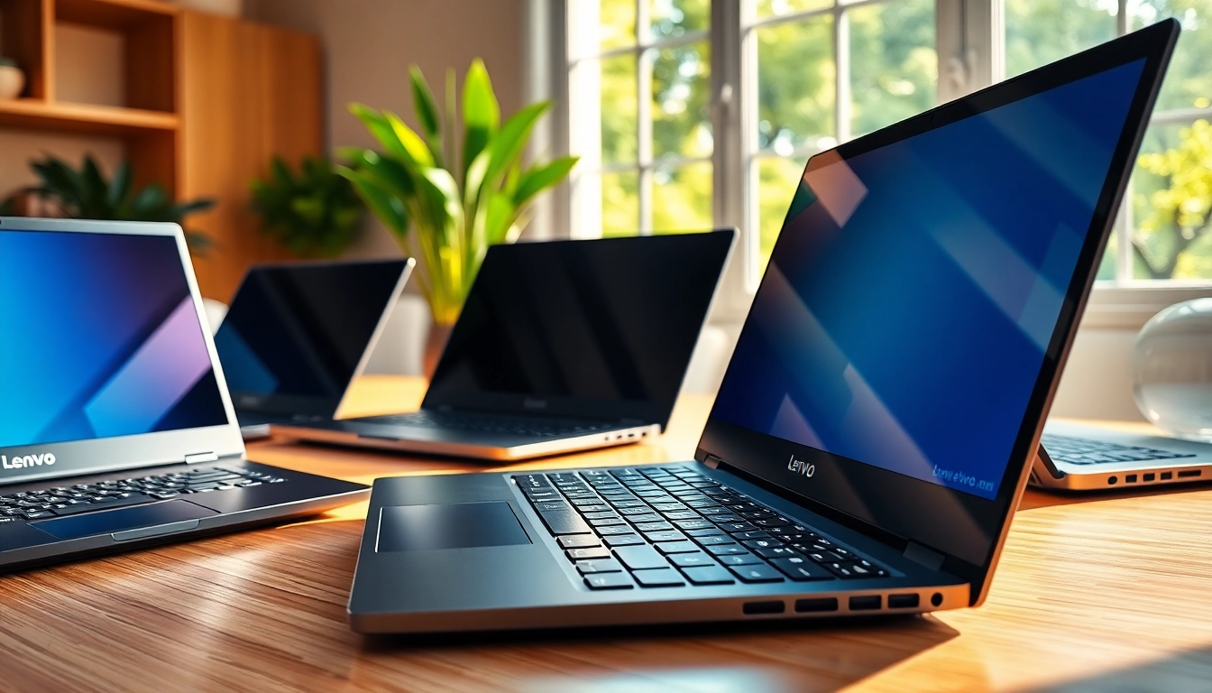 Comparar laptops Lenovo con diseños elegantes en un espacio moderno de trabajo.