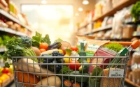 Showcasing thrive market price with a vibrant shopping cart brimming with organic groceries.