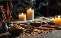 Brûler des bâtons d'oriental incenses sur une table en bois, créant une ambiance chaleureuse.