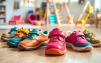 Darstellung orthopädischer Kinderschuhe, geeignet für gesunde Füße von Kindern, in leuchtenden Farben.