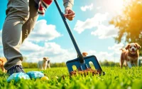 Dog owner using a scooper to clean up dog poop in a sunny yard.