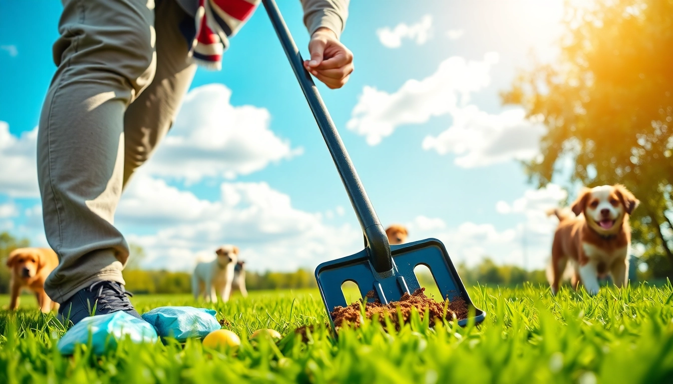 Dog owner using a scooper to clean up dog poop in a sunny yard.