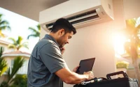 Technician performing Los Angeles HVAC services on a modern air conditioning unit