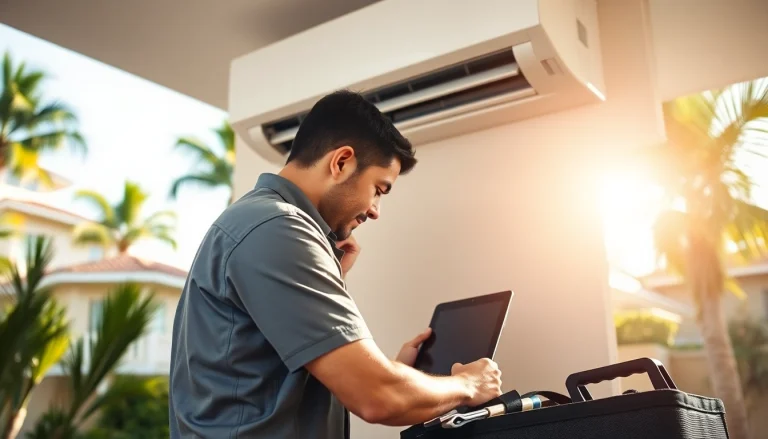 Technician performing Los Angeles HVAC services on a modern air conditioning unit