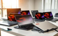Descubre laptops Lenovo en un escritorio moderno, mostrando su variedad y características destacadas.