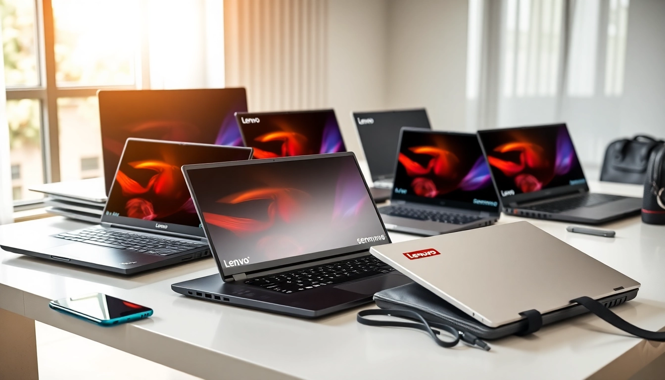 Descubre laptops Lenovo en un escritorio moderno, mostrando su variedad y características destacadas.