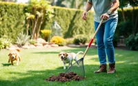 Alamo Ranch poop scooper efficiently cleaning a pet-friendly yard with vibrant greenery.