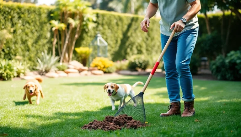 Alamo Ranch poop scooper efficiently cleaning a pet-friendly yard with vibrant greenery.