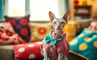 Showcase of PIKAPIKA Sphynx Clothes on a charming Sphynx cat in a cozy setting.