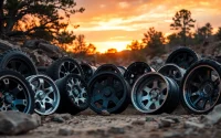 Showcase of off road wheels in a rugged outdoor environment emphasizing durability and design.