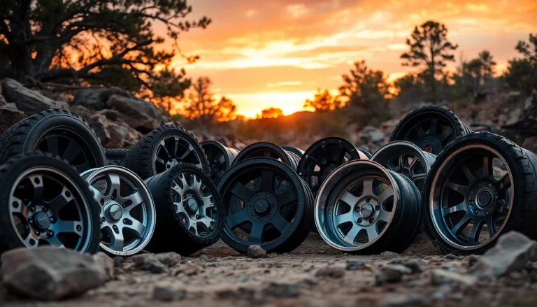 Showcase of off road wheels in a rugged outdoor environment emphasizing durability and design.