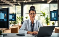 Engaging virtual answer service showcasing a professional receptionist in a modern office.