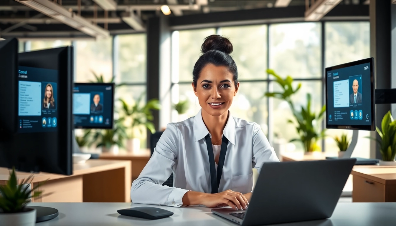 Engaging virtual answer service showcasing a professional receptionist in a modern office.
