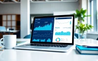 Menganalisis data macau dengan laptop modern di lingkungan kantor yang profesional.