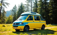 Experience JRP Campers, a vibrant camper van in a beautiful outdoor setting.