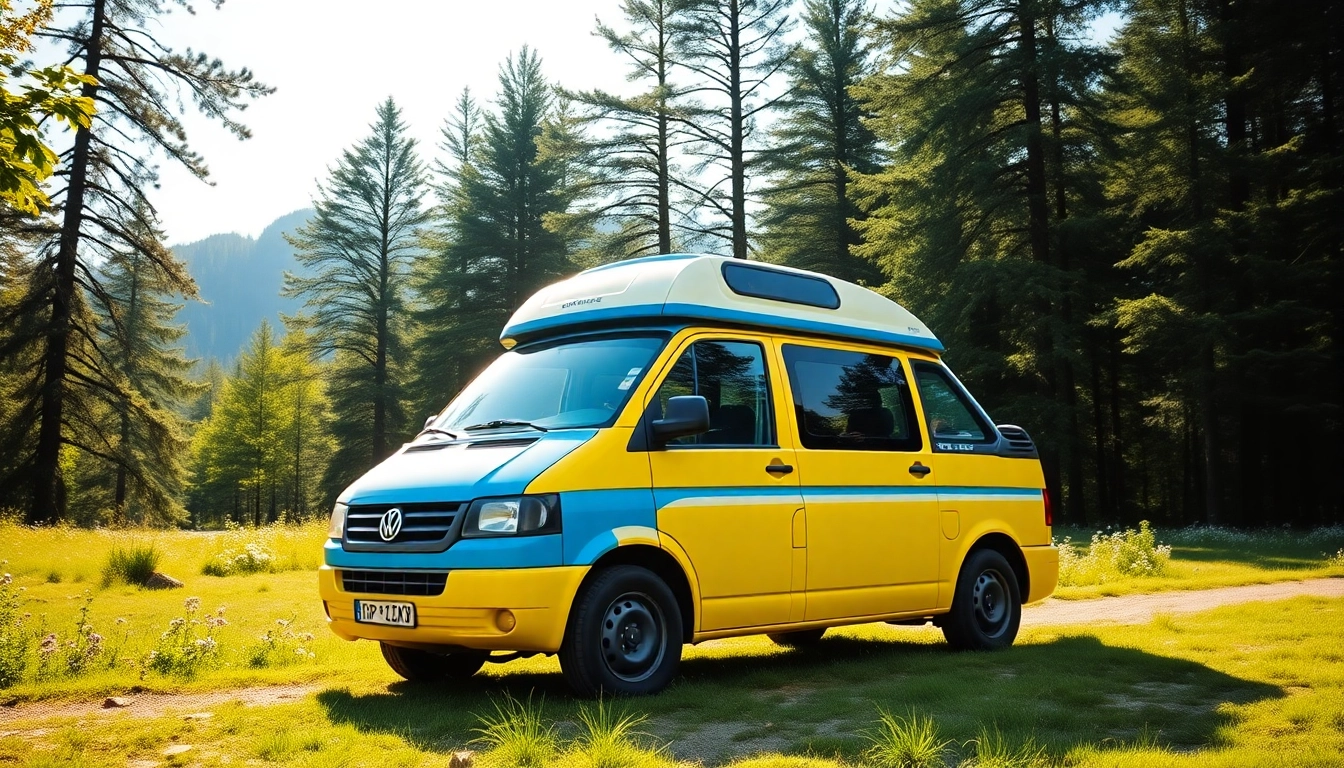 Experience JRP Campers, a vibrant camper van in a beautiful outdoor setting.