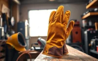 Welding gloves displayed in a workshop setting demonstrating durability and craftsmanship.