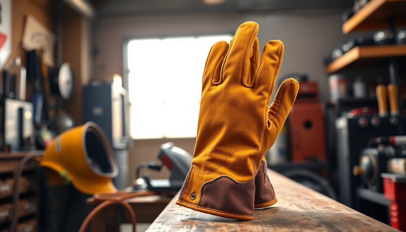 Welding gloves displayed in a workshop setting demonstrating durability and craftsmanship.