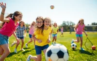 Girls enjoying activities at Multi Sports Camps for Girls with teamwork and enthusiasm.