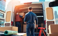 Man and van Moving team efficiently loading furniture for a move in an urban setting.
