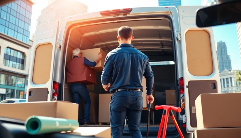 Man and van Moving team efficiently loading furniture for a move in an urban setting.