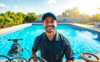 Swimming pool service Pinellas County technician maintaining a beautiful pool in a sunny backyard.