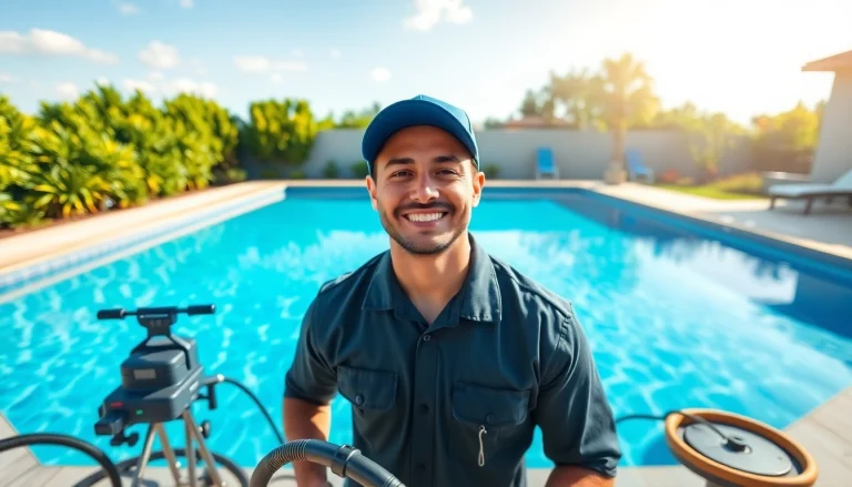 Swimming pool service Pinellas County technician maintaining a beautiful pool in a sunny backyard.