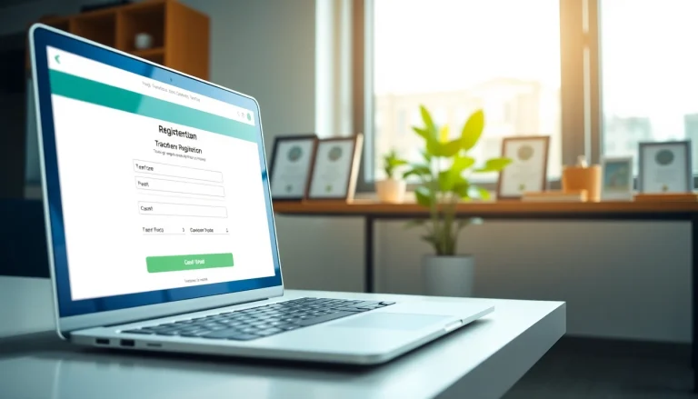 Engaging view of an online trademark registration platform showcasing a laptop registration form.