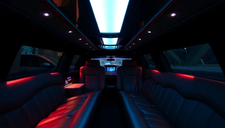 Luxury car service atlanta featuring an elegant limousine interior with plush leather and ambient lighting.