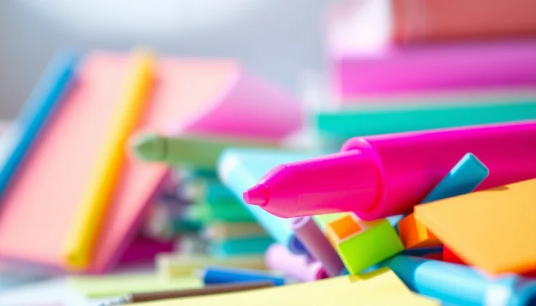 Highlighting text with a vibrant pink highlighter pen among colorful stationery.