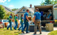 Junk removal service team efficiently clearing clutter from a suburban home.